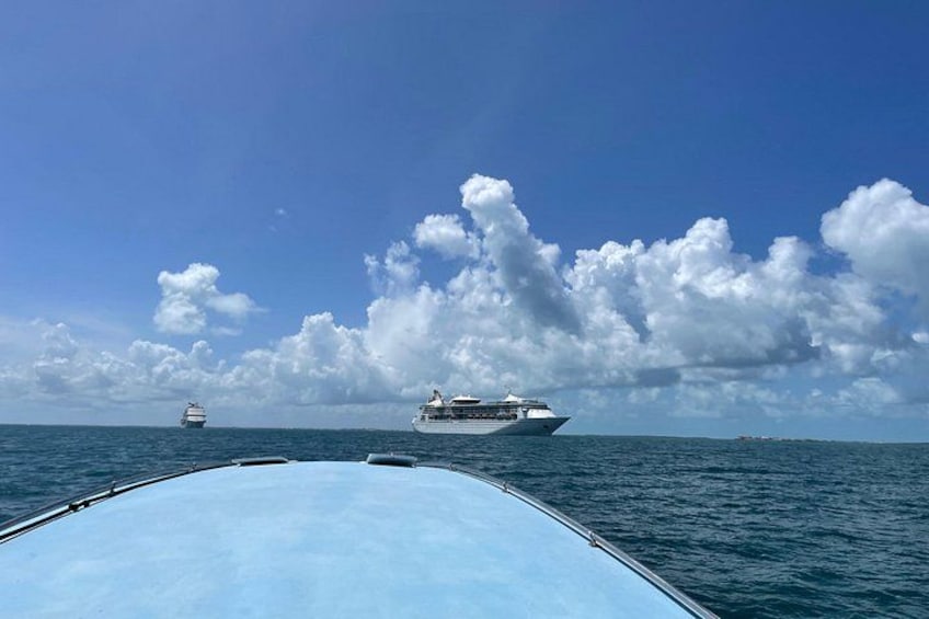 A large cruise ship and a smaller vessel on the ocean with a clear sky and scattered clouds. 5