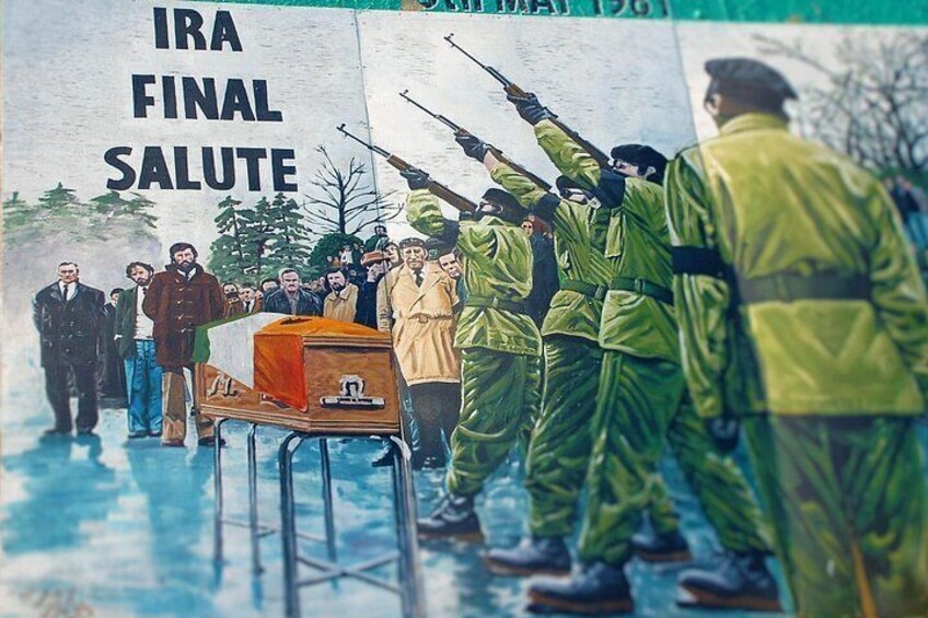 A memorial scene with soldiers in uniform, a casket, and mourners. 2