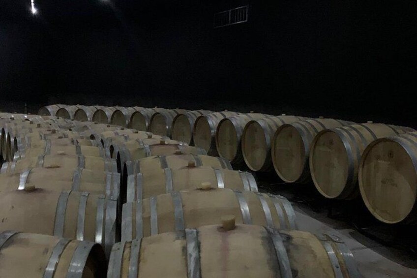Large wooden barrels arranged in rows, likely for storage or aging of liquids. 2