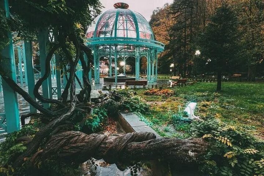 Un belvédère, une petite cascade et un jardin agrémenté d’arbres et de plantes. 5