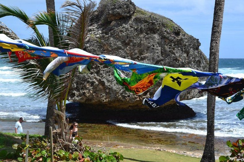 Une plage avec des drapeaux aux couleurs vives, des palmiers et, au loin, un promontoire rocheux. 5