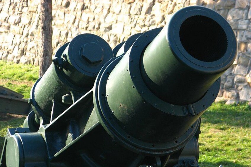 Un canon d’artillerie de grande taille, doté d’un tube cylindrique et d’une structure de fixation. 3
