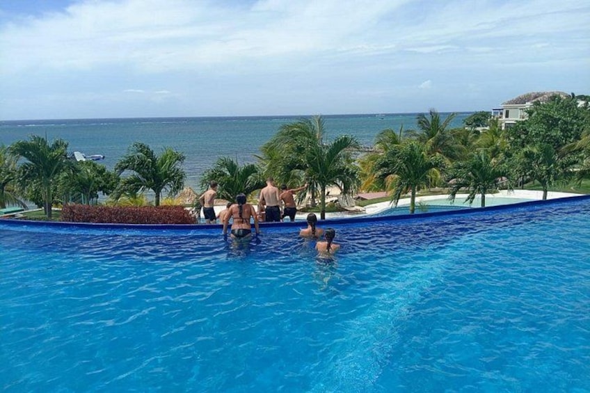 A swimming pool with people, palm trees, and a view of the ocean. 4