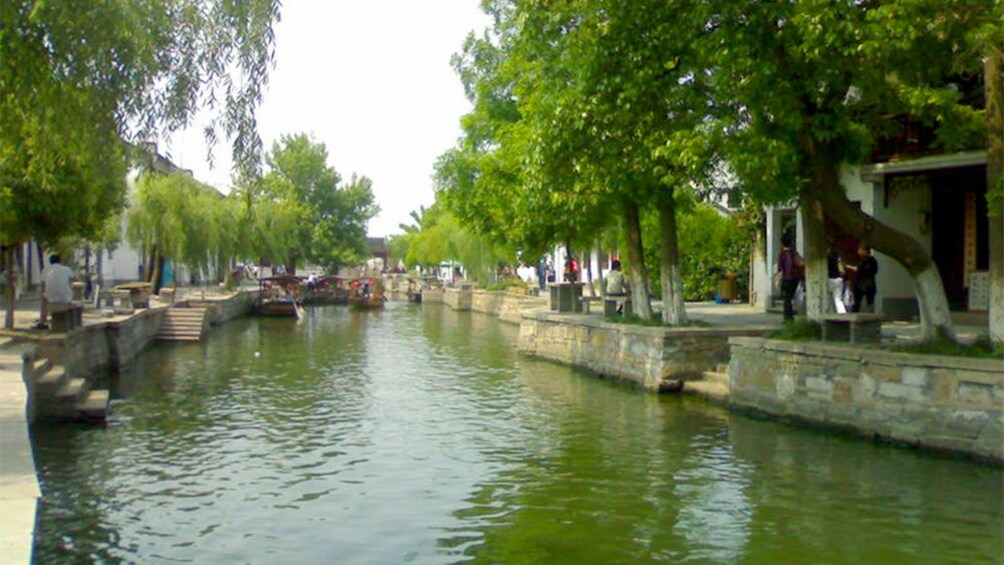 View of the calming waters at the  Zhujiajiao water village in Shanghai 