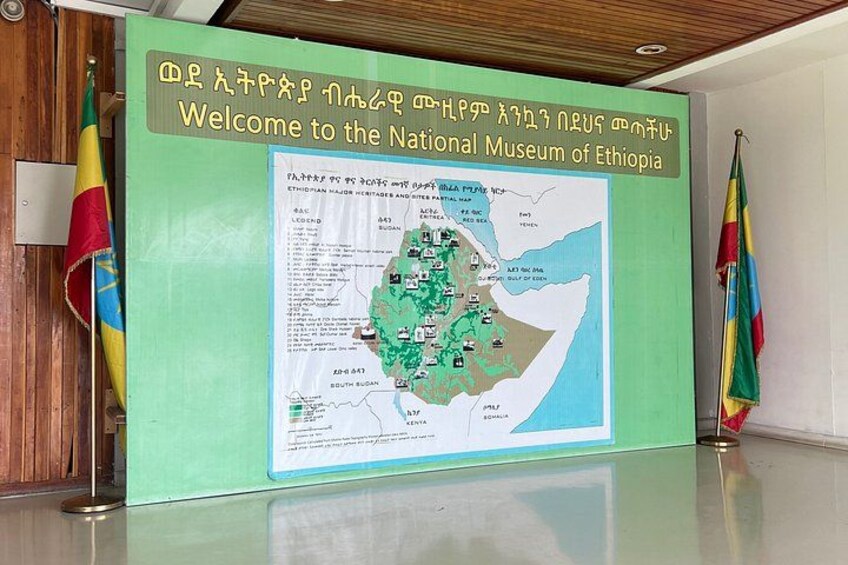 A welcome sign at the National Museum of Ethiopia with a map of Ethiopia. 4