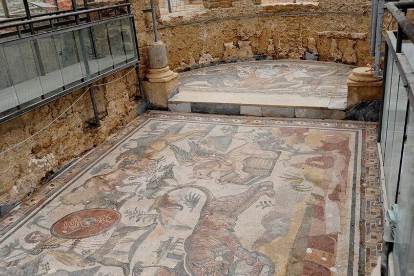 Ein uralter Mosaikboden mit aufwendigen Mustern und Figuren. 4