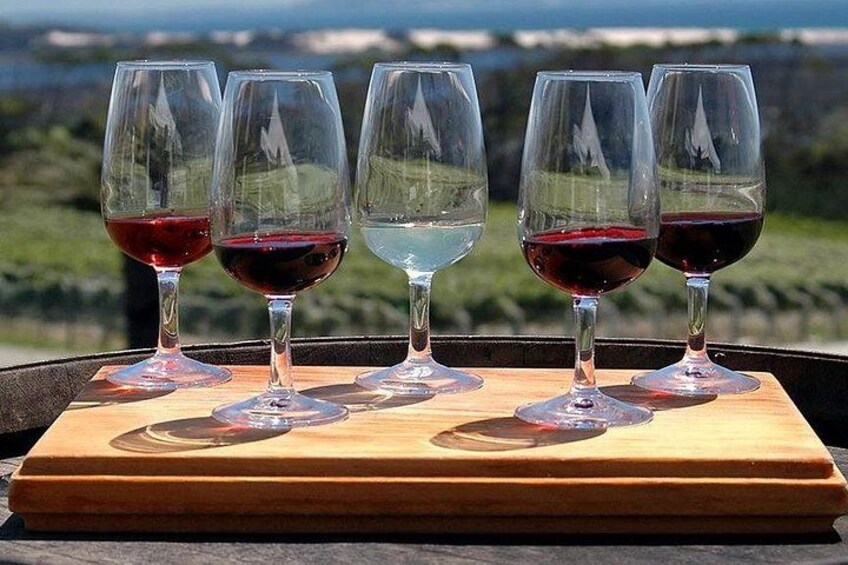 Cinque bicchieri da vino su un vassoio di legno, con una vista panoramica sullo sfondo. 1