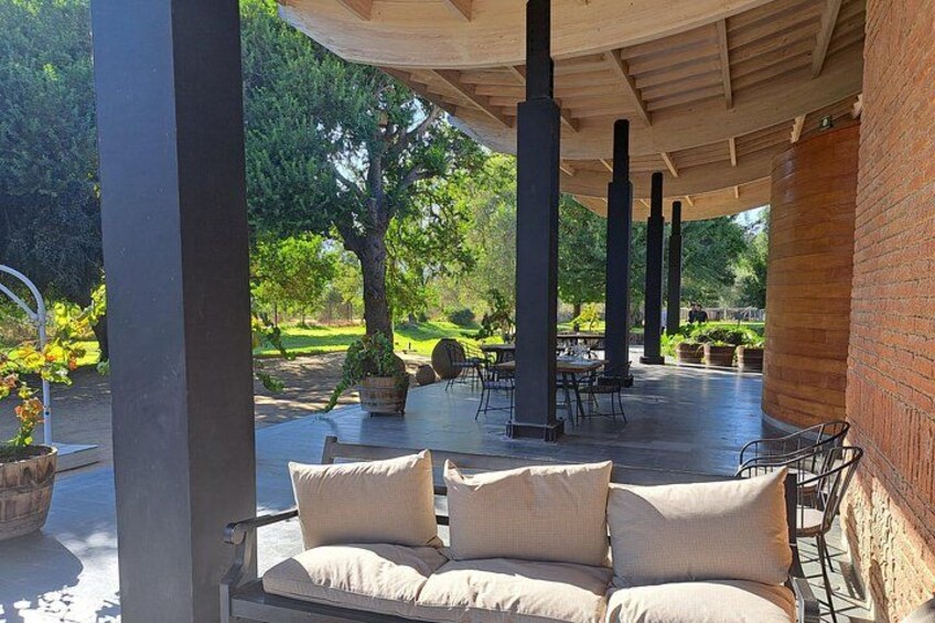 Un patio exterior con un sofá, mesas y sillas, rodeado de follaje y árboles. 3