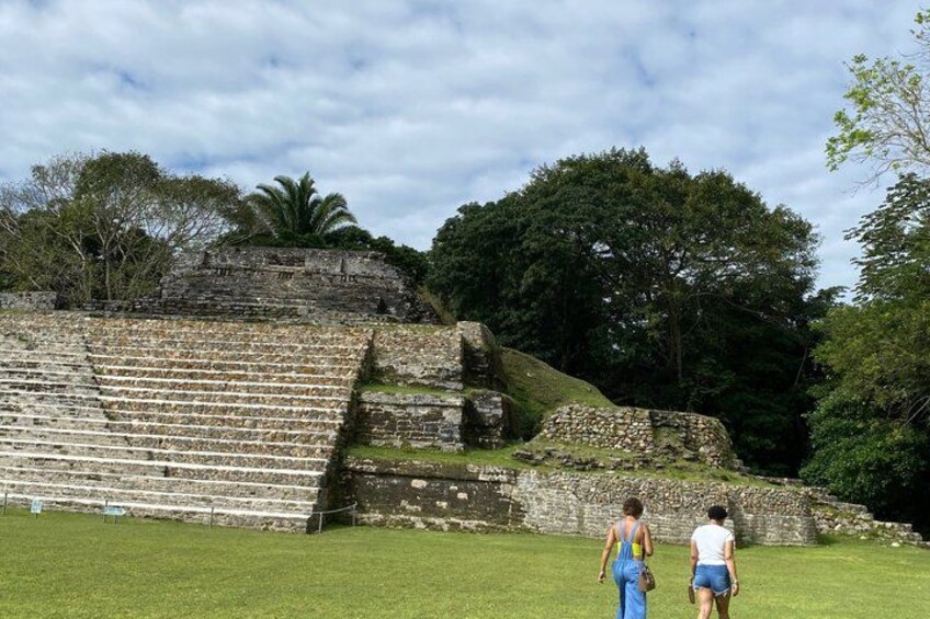 Ancient stone ruins with stepped platforms and a large tree in the background. 3