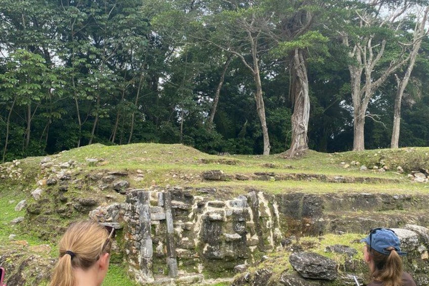 Ancient ruins with stone structures and a forested background. 2