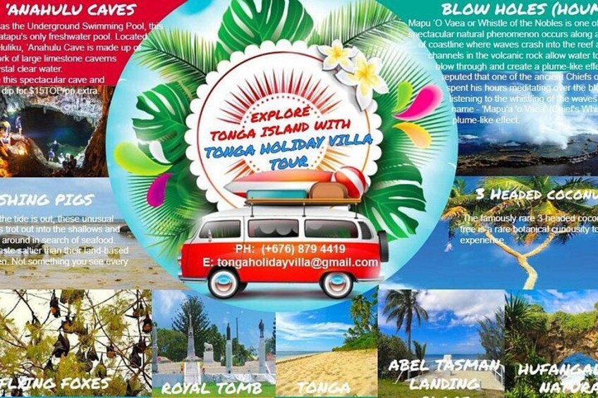 Tonga Island with a red car, a beach, and a cave. 1