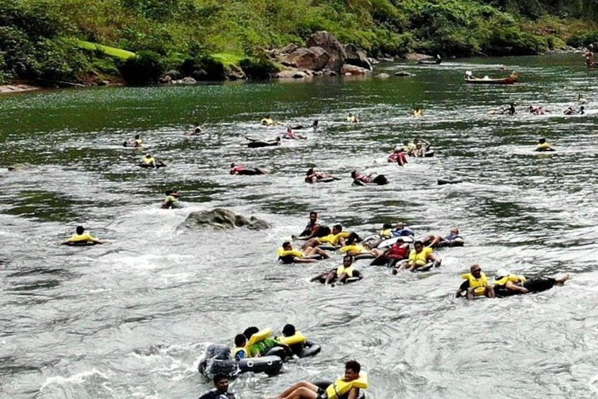 People rafting on a river surrounded by greenery. 1