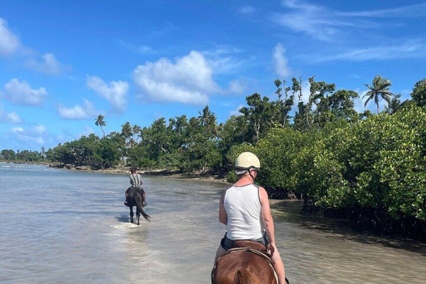 Deux personnes à cheval, se promenant le long d’une plage bordée de palmiers et baignée d’une eau cristalline. 3
