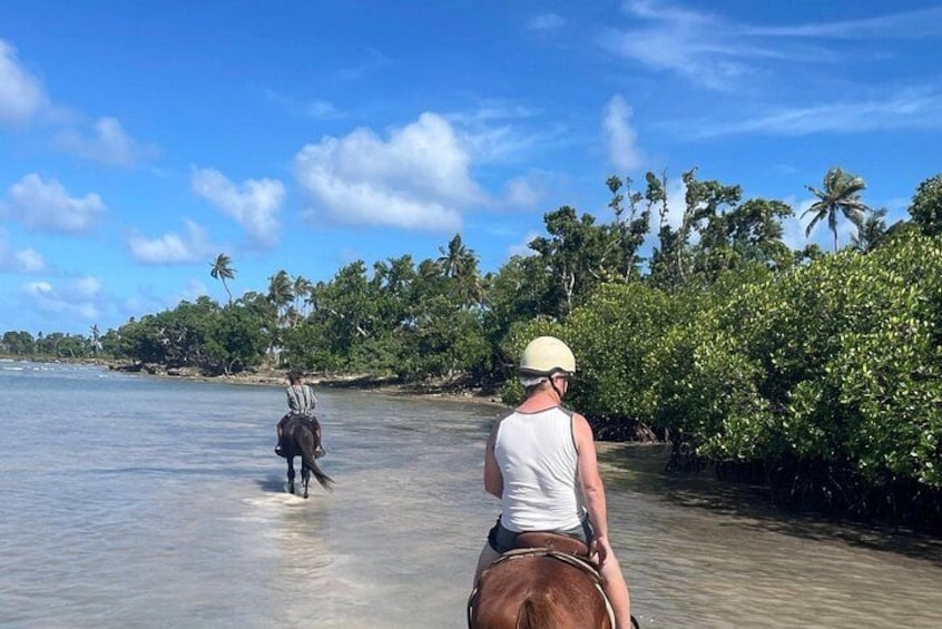 To personer rider på heste langs en strand med palmer og klart vand. 4