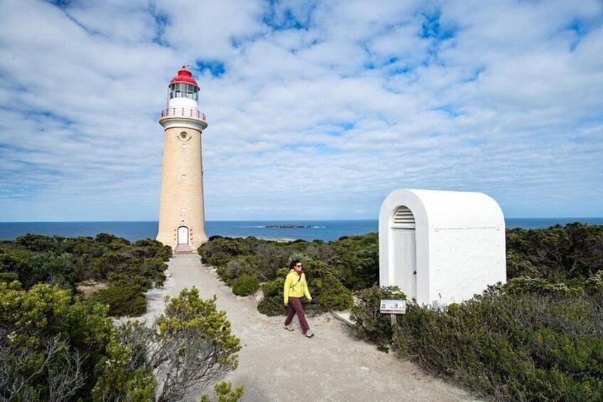 A lighthouse, a white structure, and a path leading to the lighthouse. 5