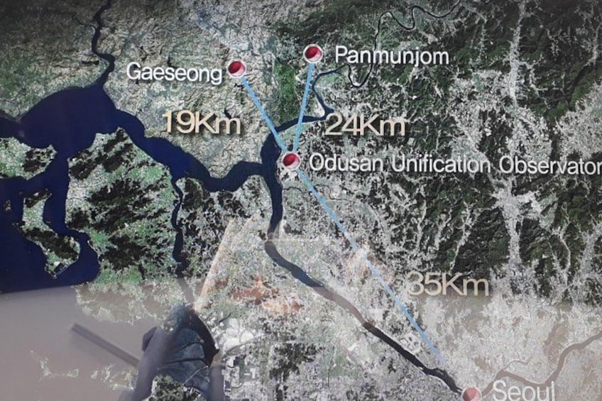 A satellite view of Seoul with marked distances to Gaeseong (19km), Panmunjom (24km), and Odusan Unification Observatory (35km). 2
