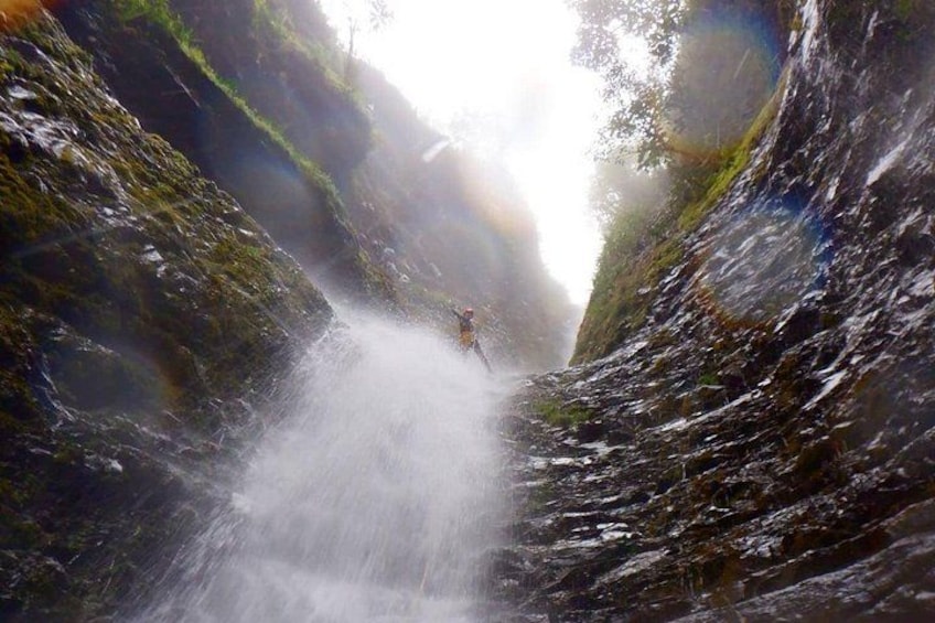 A waterfall cascading down a rocky gorge surrounded by lush greenery. 1