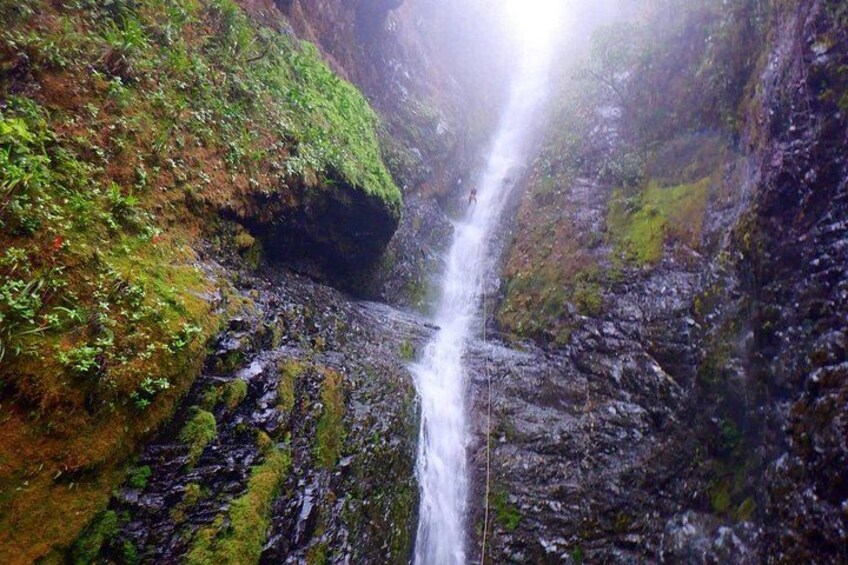 A waterfall in a rocky gorge with moss-covered rocks and a narrow stream. 5