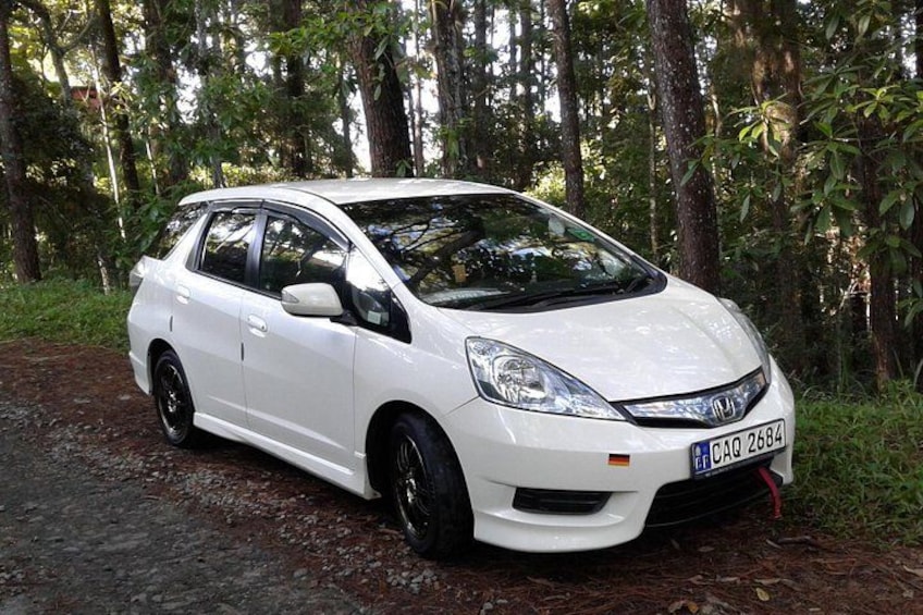 A white car parked on a dirt path surrounded by trees. 4