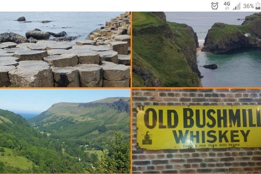 A coastal area with stone structures, green hills, and a whiskey sign. 5
