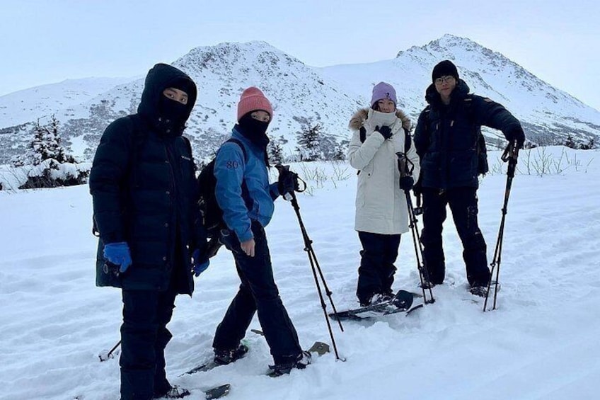 Een groep mensen skiën in een besneewd berggebied. 4