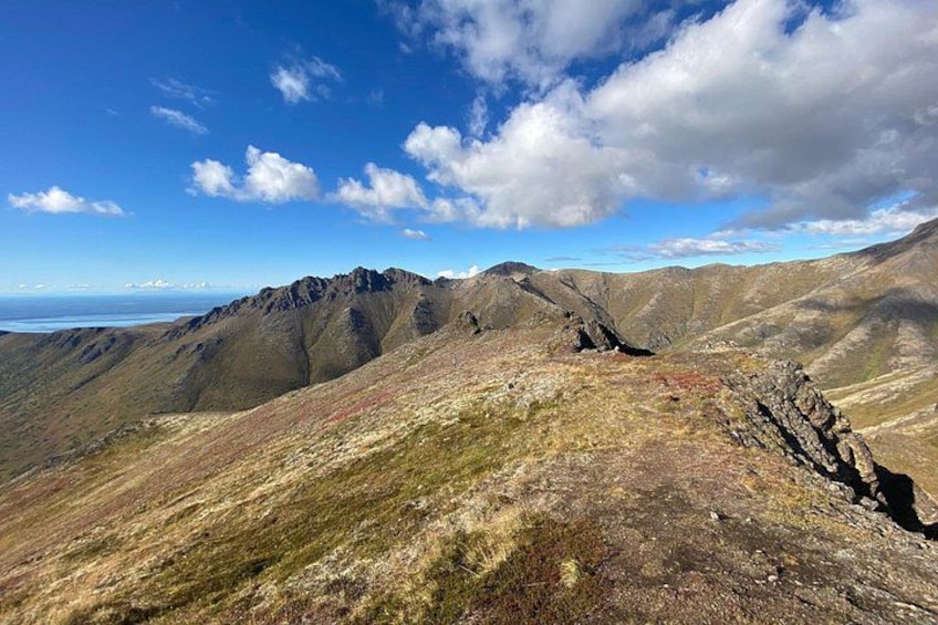 Ett bergigt landskap med stenigt underlag och en klar himmel. 4