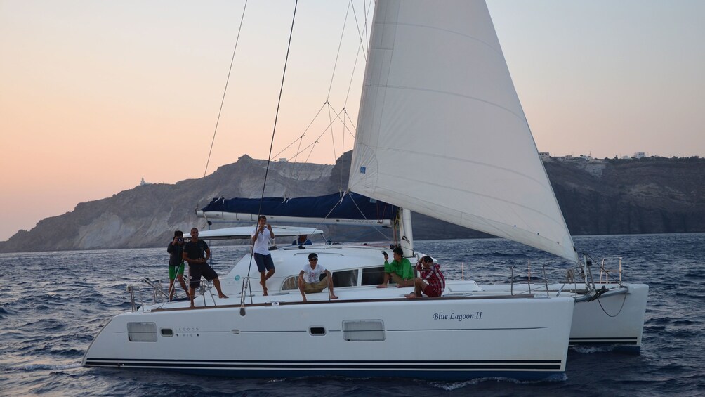 Close view of a cruise boat on the waters of Santorini 