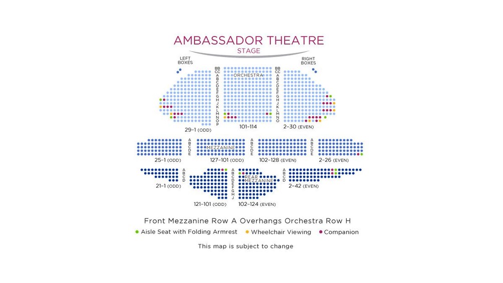A seating chart for Ambassador Theatre Stage with sections labeled by row and seat number. 3