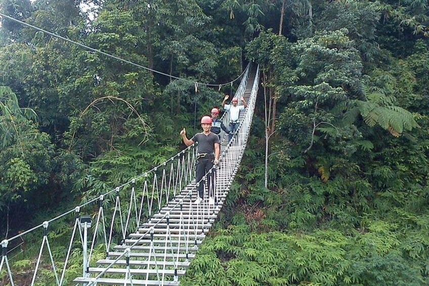 A suspension bridge in a forested area with people walking across. 5