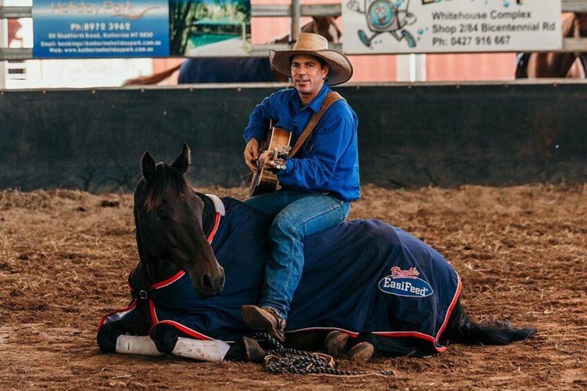 A person in a blue shirt and cowboy hat sitting on a horse, holding a guitar, with a saddle bag beside them. 5
