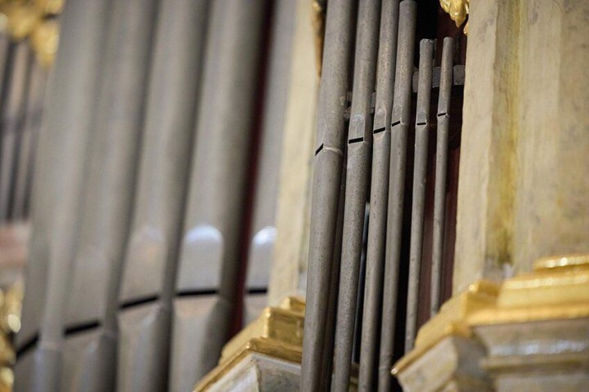 A close-up of a series of vertical pipes or tubes, likely part of a larger structure. 3