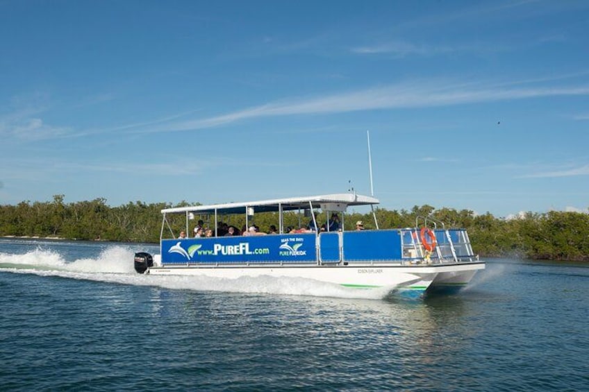 Una barca con la scritta 'PUREFL.com' sul fianco, che scivola sull'acqua sotto un cielo sereno. 4