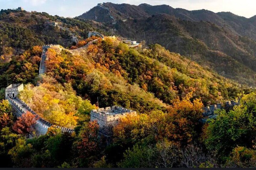 The Great Wall of China winding through a mountainous landscape with autumn foliage. 5
