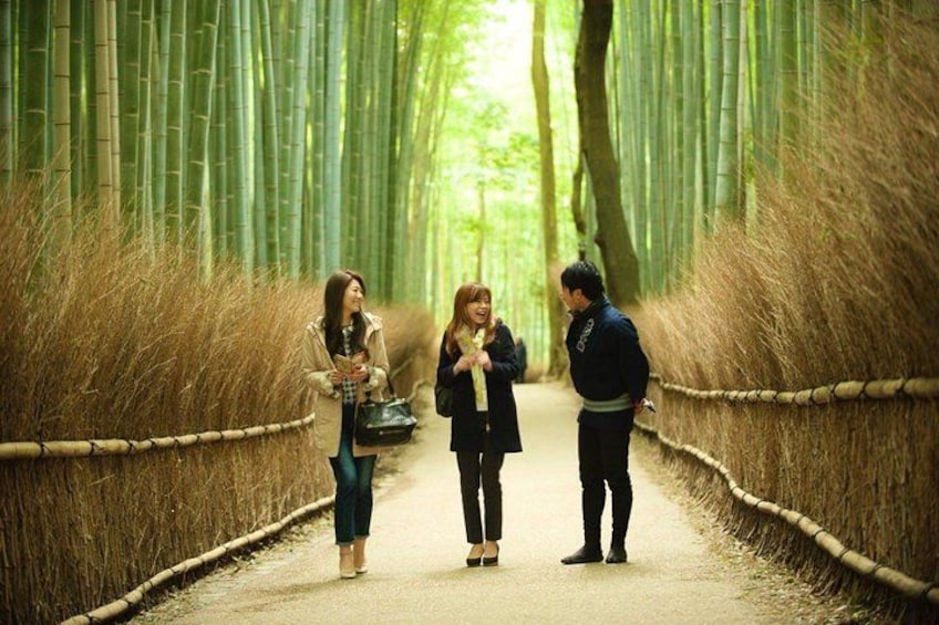 A pathway flanked by tall bamboo trees, with three people walking and conversing. 4