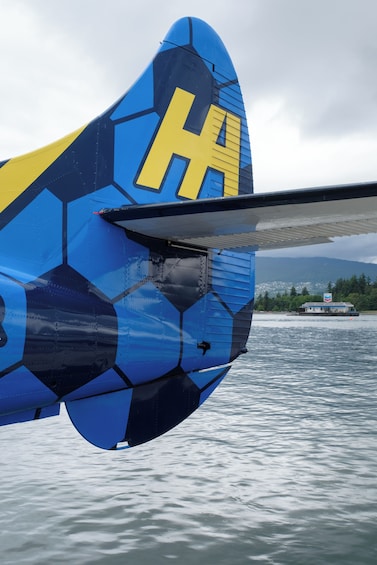 Et blåt og gult flyvinge med et stort 'H', der flyver over vand med en båd og bjerge i baggrunden. 3
