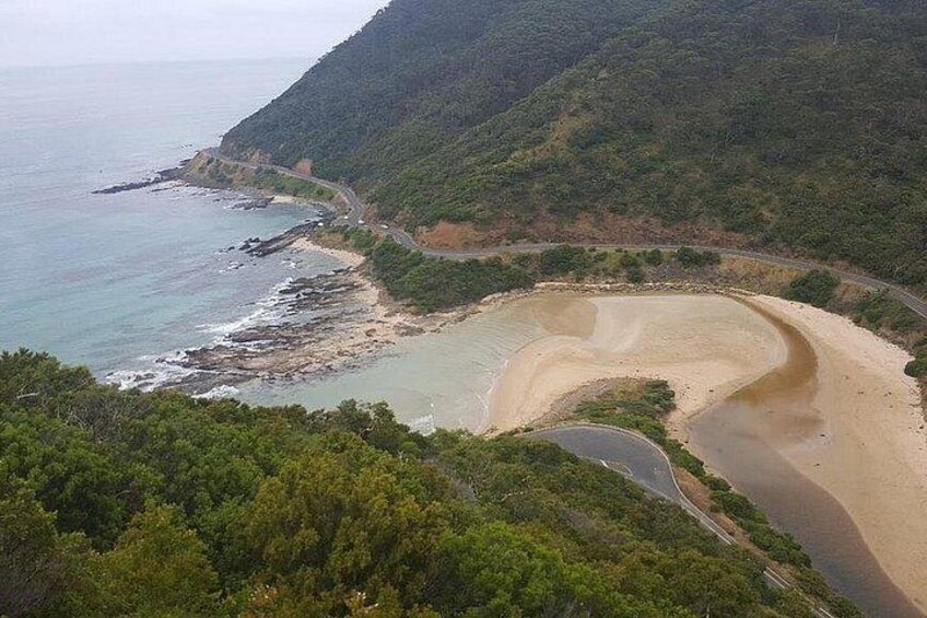 A coastal landscape with a curved sandy beach, a winding road, and dense green forest. 2