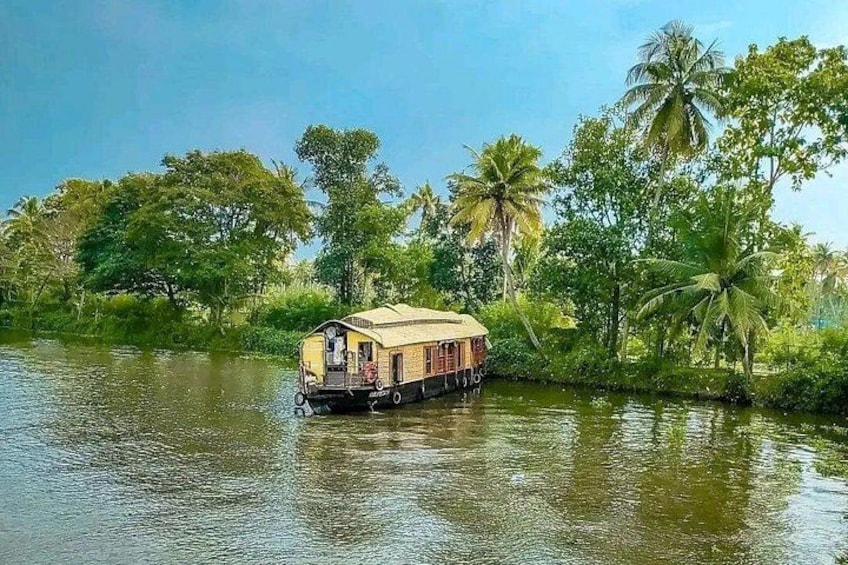 Una casa flotante en un río rodeado de vegetación exuberante y palmeras. 1