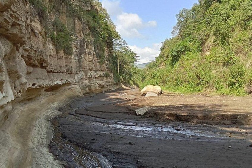 A riverbed with a large boulder, steep cliffs, and dense greenery. 5