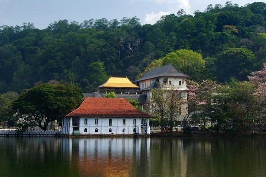 Un bâtiment traditionnel avec un toit rouge et une charpente de toit jaune, entouré d’une étendue d’eau et d’une végétation luxuriante. 1