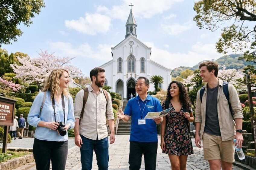 A group of people standing in front of a white church with a steeple, surrounded by cherry blossoms. 1