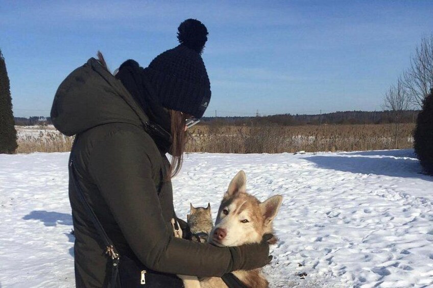 A person in a green jacket holding a dog in a snowy field. 5