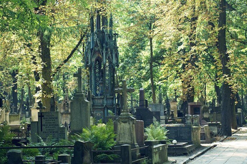 A cemetery with numerous tombstones and a Gothic-style church. 2