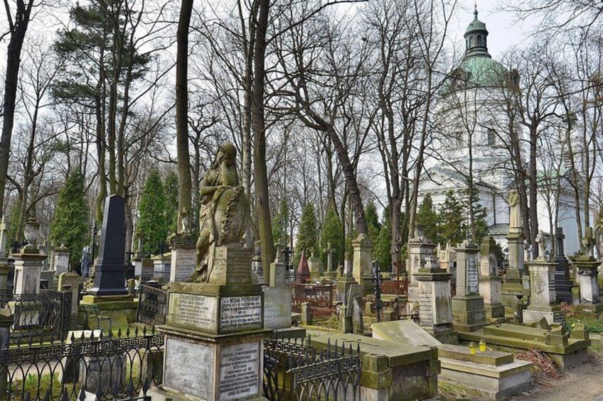 A cemetery with numerous tombstones and statues, surrounded by leafless trees and a domed building in the background. 5