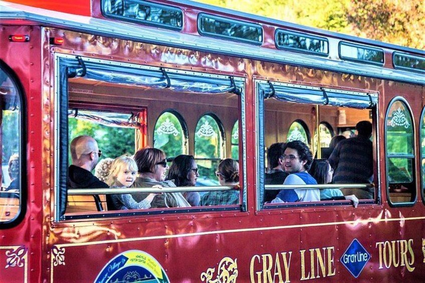 Un autobus rouge sur lequel on peut lire « Gray Line Tours », avec des passagers à l’intérieur et une vue panoramique à travers les fenêtres. 3
