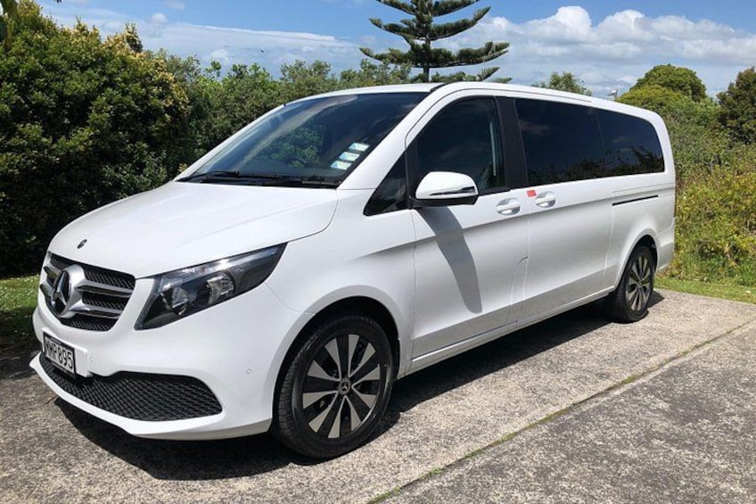 Een witte Mercedes-Benz bestelwagen staat op een betonvloer, met groen in de achtergrond. 3