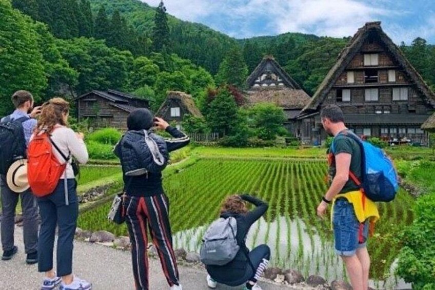 Un grupo de personas observando una casa tradicional con techo de paja en un exuberante valle verde. 3