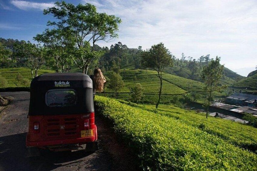 Un tuk-tuk estacionado en un camino rural con campos verdes y colinas al fondo. 3