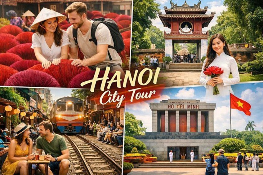 En samling billeder fra Hanoi, blandt andet en traditionel port, et tog og Ho Chi Minh Mausoleet. 1