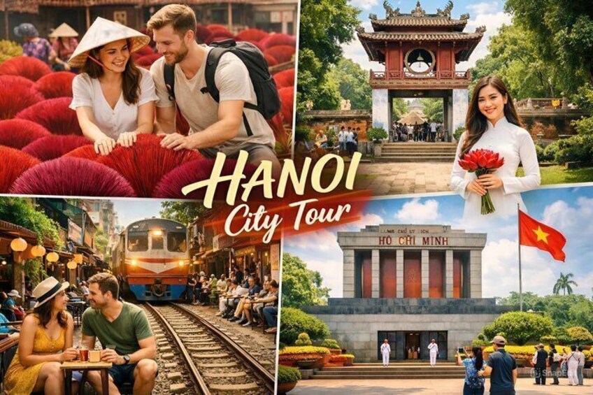 A city tour of Hanoi, featuring a traditional gate, a train, and the Ho Chi Minh Mausoleum. 1