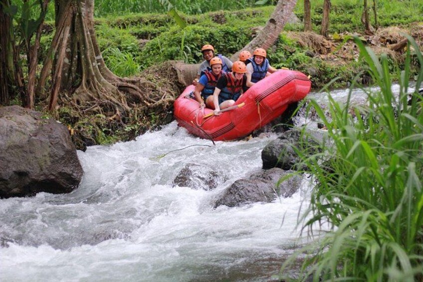 A group of people in a red raft navigating a river with rocks and trees. 4